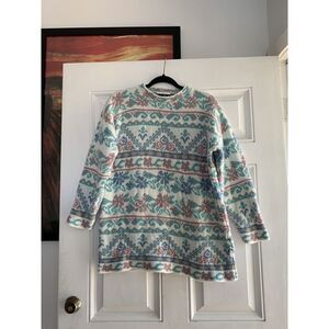 DANA SCOTT WOMEN LARGE ‎ FLORAL SWEATER PASTEL cottage vintage winter white blue
